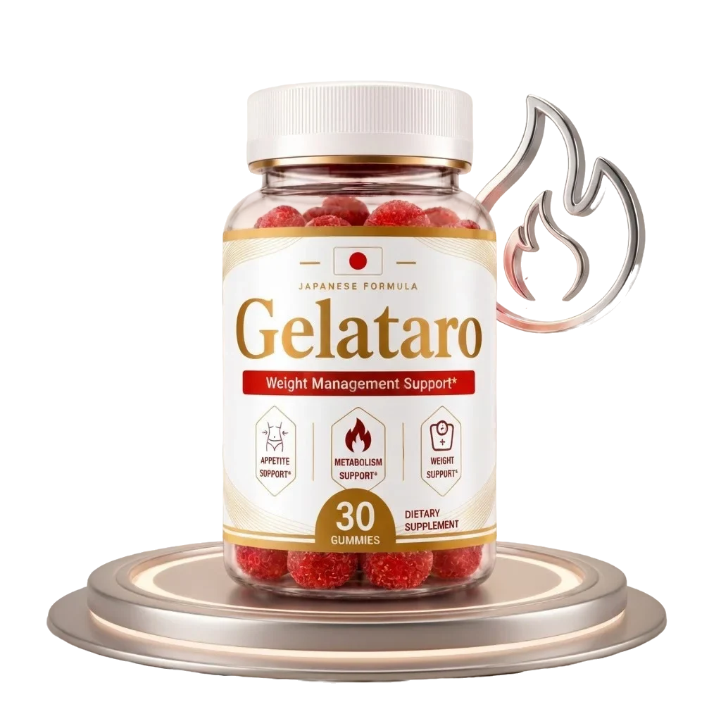 Gelataro apple cider vinegar weight management gummy bottle on a display podium beside a metabolism flame emblem